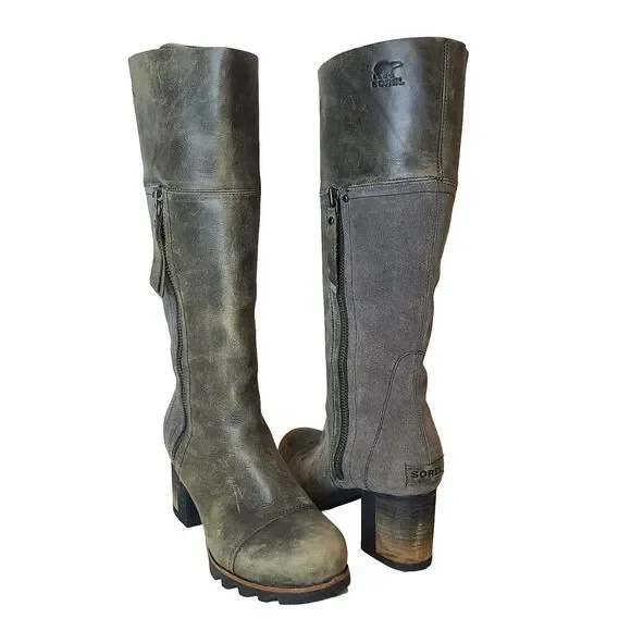 Sorel Women Boots NL2301 Addington Distressed Taupe Gray Leather Tall Heel Sz 7 - Picture 2 of 12